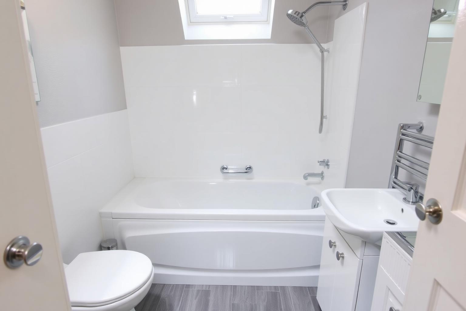 Modern fully fitted bathroom installed by Trade Bathrooms Direct across Central Scotland — bath, vanity, toilet and walk-in shower